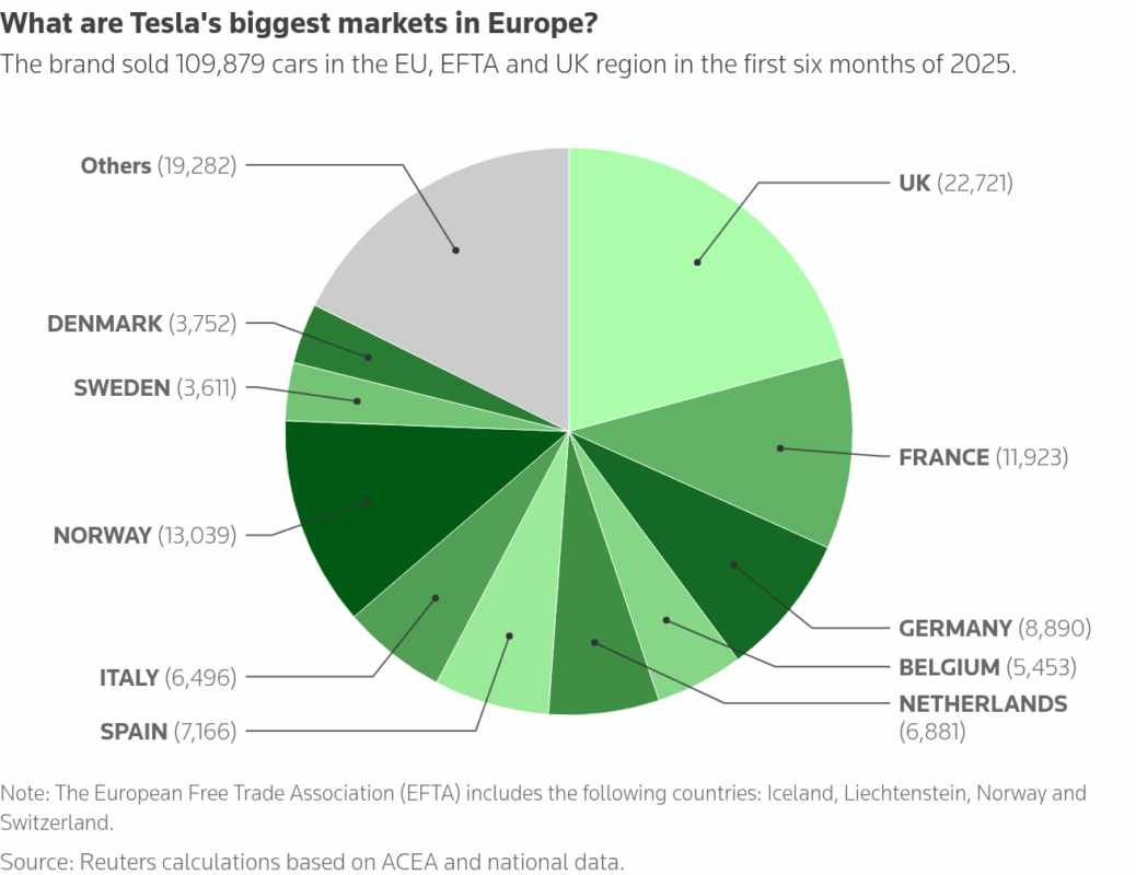 A pie chart showing Tesla sales in some of its biggest markets in Europe.