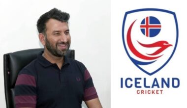 Cheteshwar Pujara and Iceland Cricket logo