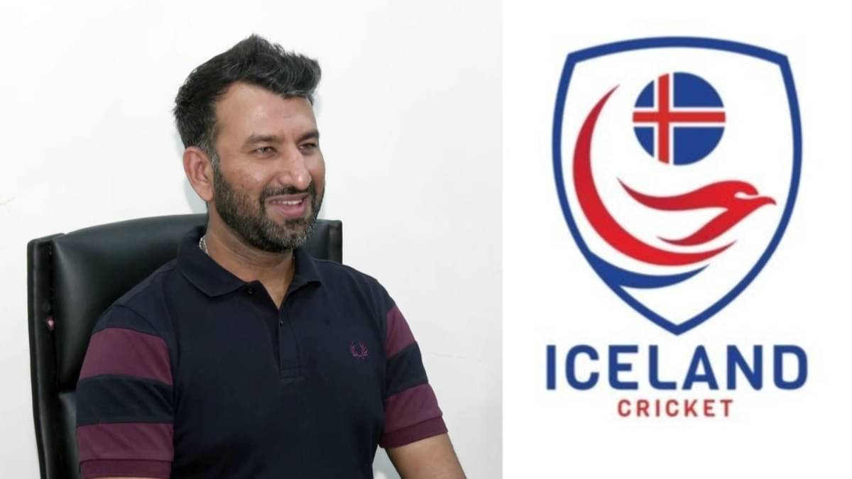 Cheteshwar Pujara and Iceland Cricket logo