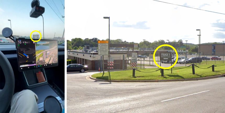 This photo combination shows a still from a video posted to X.com shows a man using Elon Musk’s “Grok” AI language tool while driving a Tesla into the National Security Agency’s Friendship Annex in Linthicum, Maryland, and a screenshot from Google Street View showing the annex's entrance. Note: CNN has highlighted a portion of this photo to more clearly identify the signs in the photo.