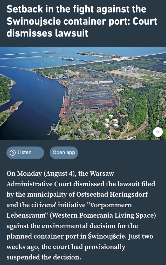 Warsaw court: Construction of container port in Świnoujście may proceed