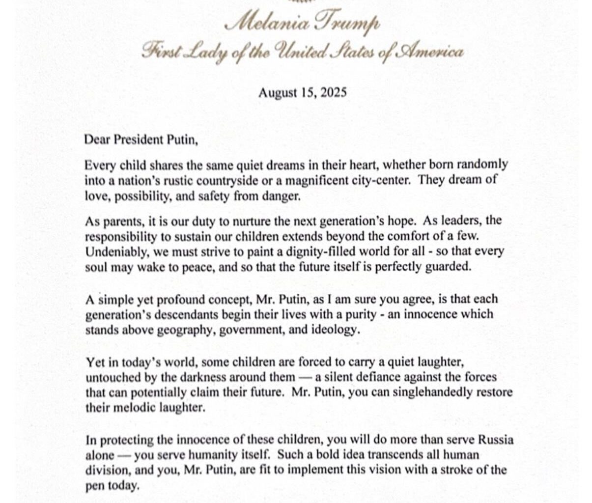 Melania Trump's letter supporting Ukrainian children, delivered by Donald to Putin