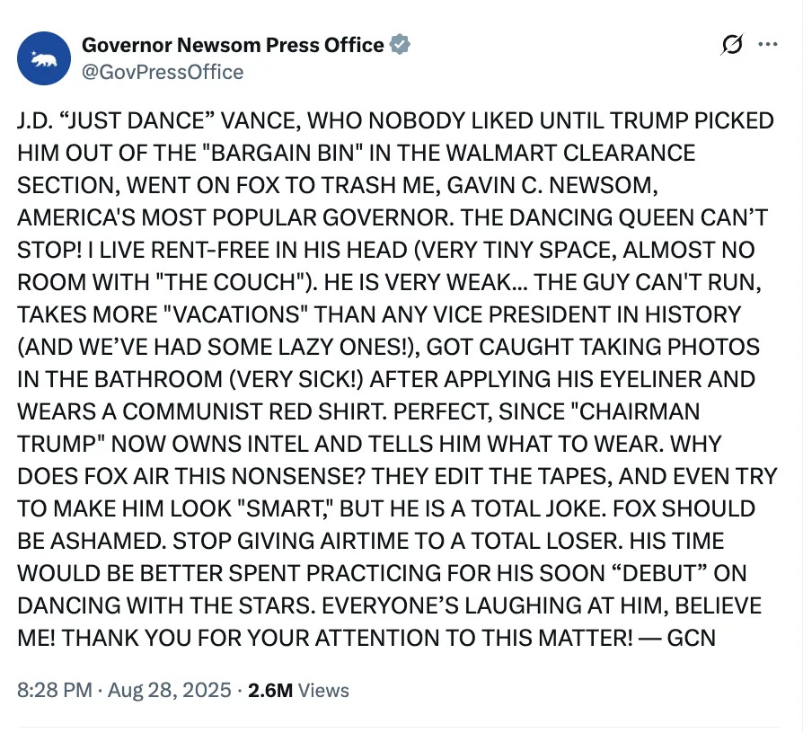 Tweet from Governor Newsom Press Office criticizing J.D. Vance, mentioning Fox News coverage, and Trump's influence. Talks about dancing and laziness