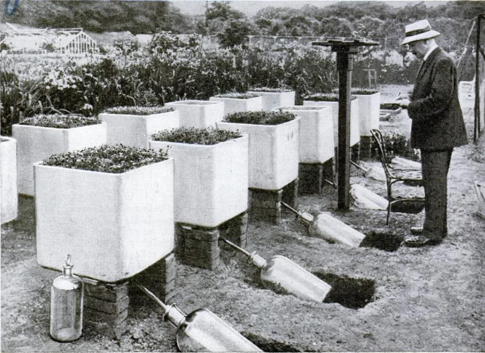 A man in a hat takes notes next to white boxes growing plants that are connected to metal tubes.