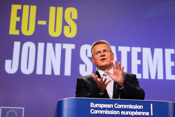 European Commissioner for Trade and Economic Security, Maros Sefcovic, speaks during a media conference at EU headquarters in Brussels, Belgium, Thursday, August 21, 2025.
