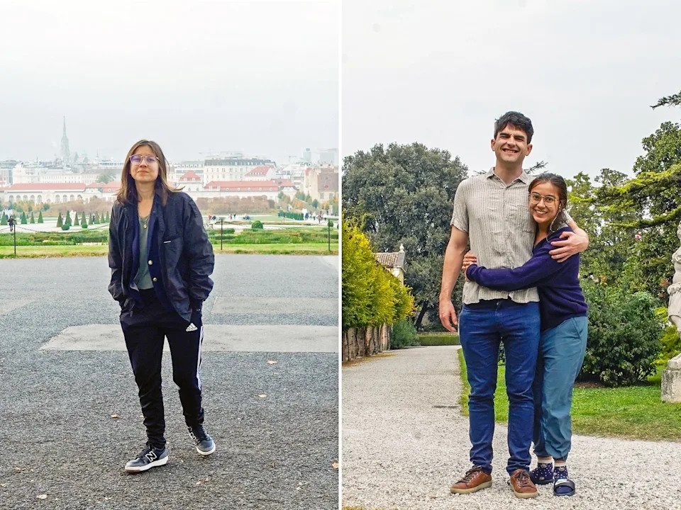 A composite image of the author alone in Austria and with her partner in Italy