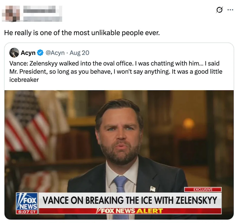 Tweet showing a news clip of Vance discussing an interaction with Zelenskyy, quoting a comment about behaving respectfully during their conversation