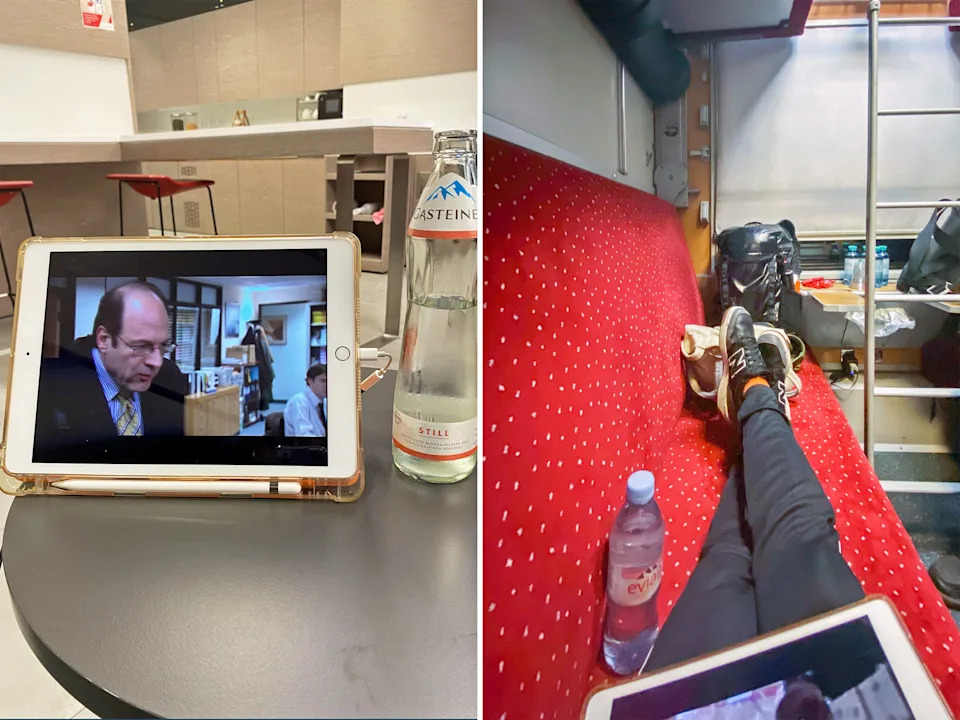 A composite image of the author usingher iPad in a train station and in a train sleeper car