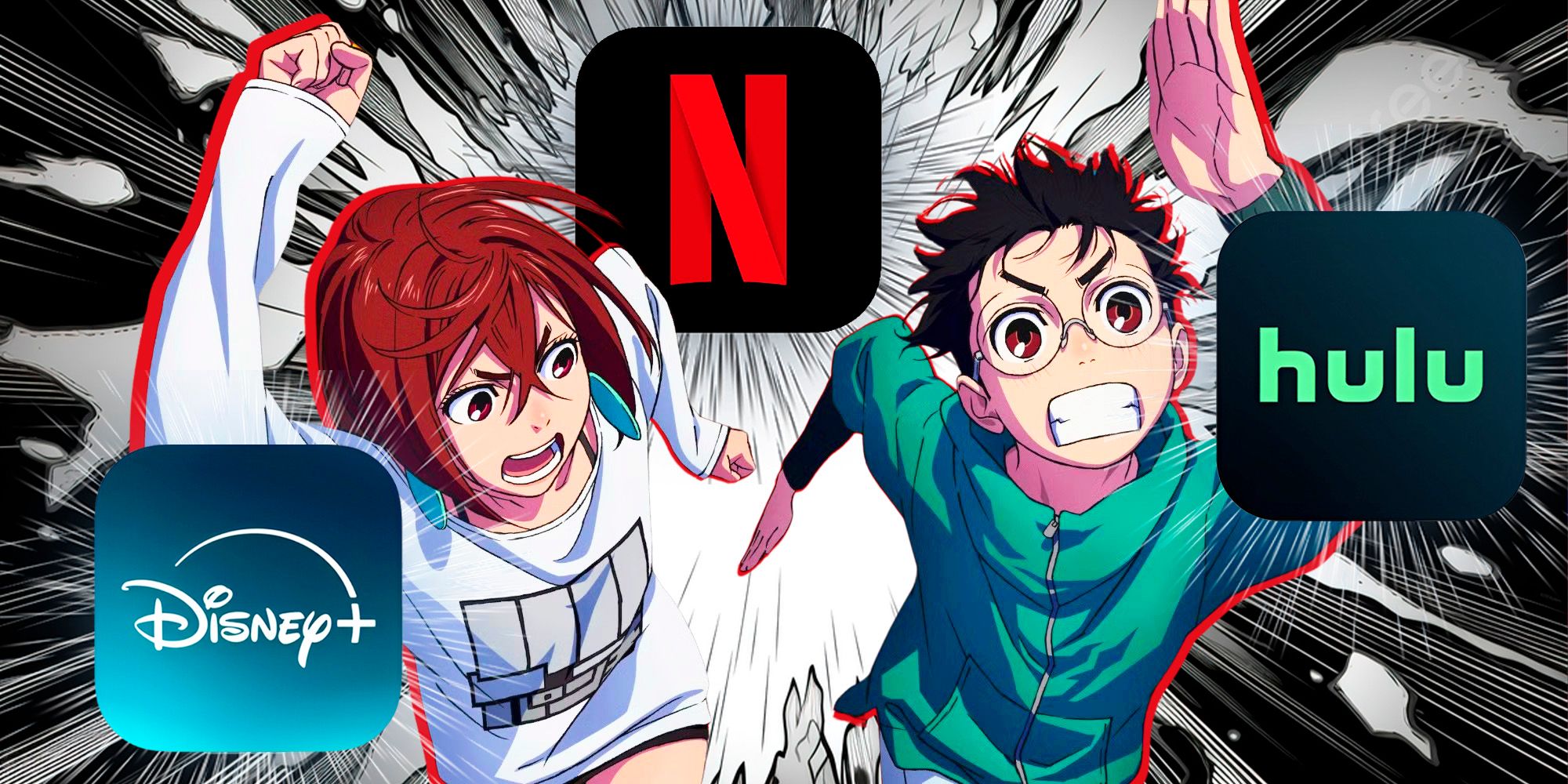 Disney, Hulu, and Netflix logos with Dandadan imagery 
