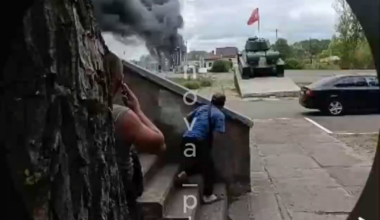 Ukrainian civilians filming an attack on a Russian ammunition transport in Starobilsk, Luhansk Oblast.