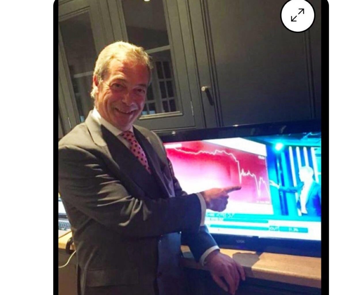 Old but gold: Farage grinning at the news that the pound was in freefall following the Brexit result, 3:35am 24th June 2016