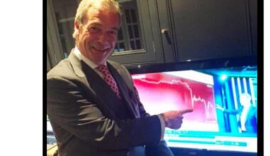 Old but gold: Farage grinning at the news that the pound was in freefall following the Brexit result, 3:35am 24th June 2016