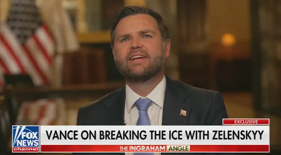 A man in a suit and tie speaks during a TV interview on Fox News. The headline reads, "Vance on Breaking the Ice with Zelenskyy."