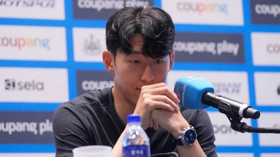 Tottenham Hotspur's Son Heung-min reacts during a press conference ahead of a preseason soccer match between Tottenham Hotspur and Newcastle United in Seoul, South Korea, on August 2, 2025. - Ahn Young-joon/AP