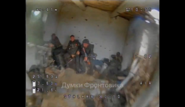 Brief clip of Russian soldiers in a house attacked by a Ukrainian FPV drone
