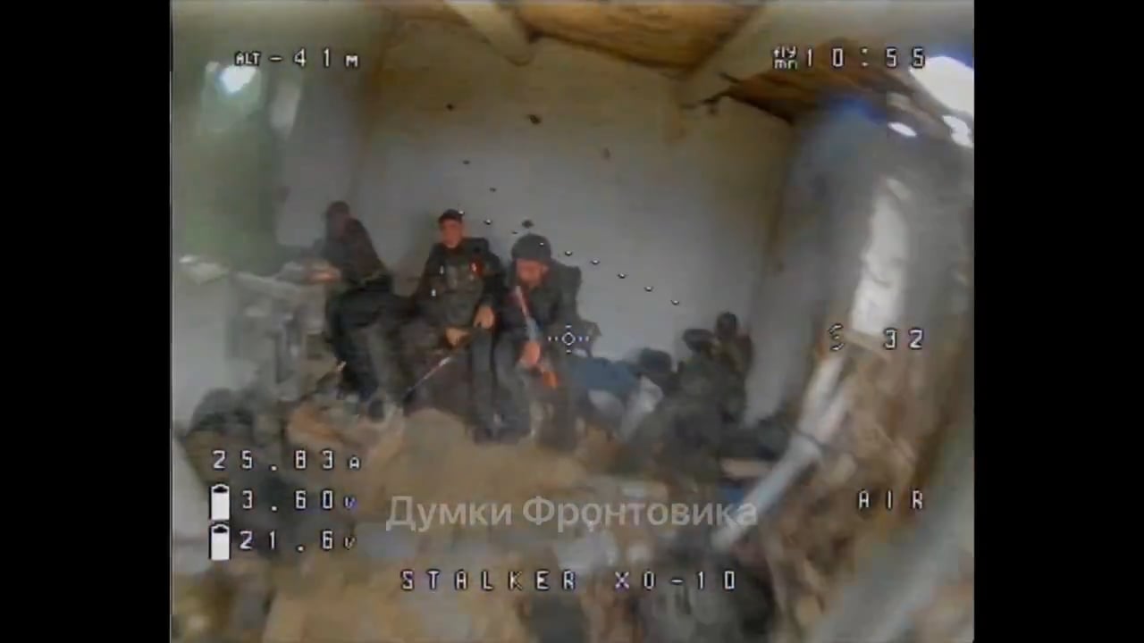 Brief clip of Russian soldiers in a house attacked by a Ukrainian FPV drone