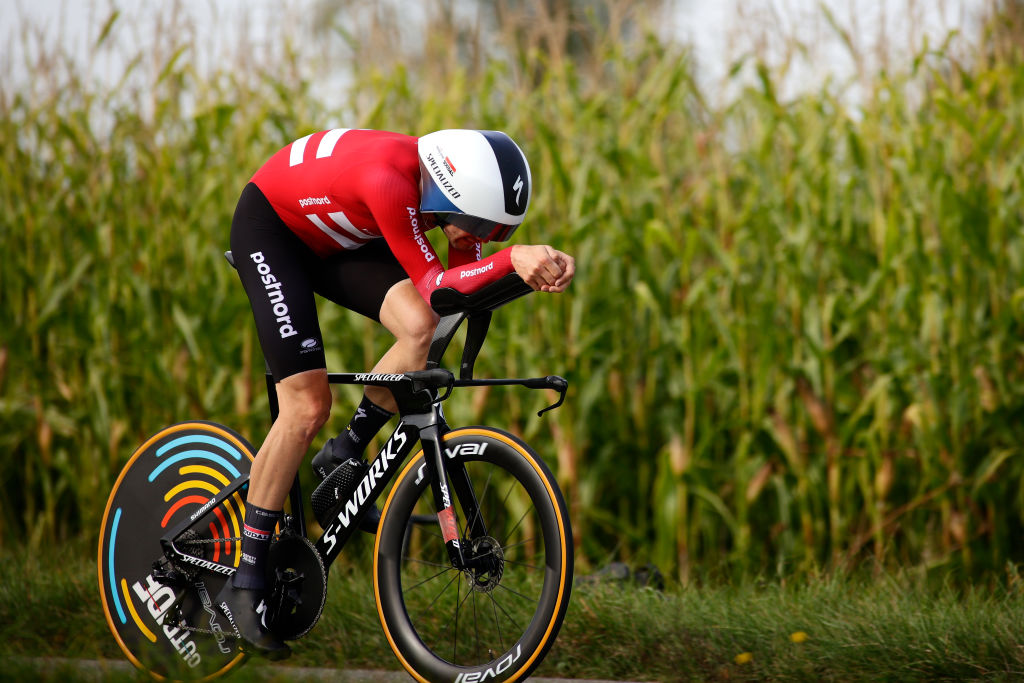 ZURICH, SWITZERLAND - SEPTEMBER 22: Kasper Asgreen of Team Denmark in action riding his bike during Men Elite Individual Time Trial in 97th UCI Cycling World Championships Zurich 2024 on September 22, 2024 in Zurich, Switzerland. (Photo by Joan Cros - Corbis/Getty Images)