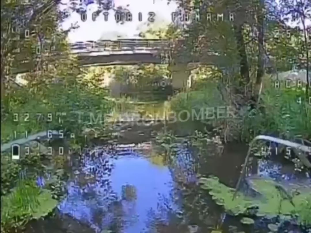 The explosion of the Russian bridge in the Bryansk region. The bridge was mined with TM-62 mines and then blown up by a fiber optics FPV drone