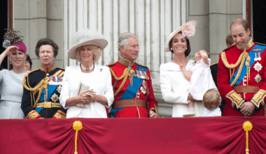 Zara Tindall, Princess Anne, Queen Camilla, King Charles, Kate Middleton and Prince William on the balcony at Buckingham Palace