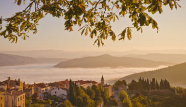 Motovun hilltop town covered in mist