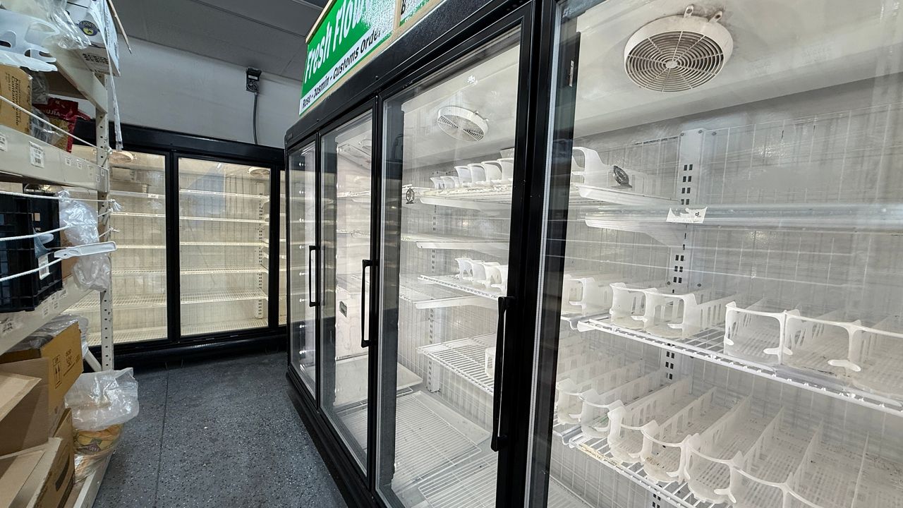 Some shelves are empty at the store as the owner decides what is best to purchase while the tariffs are imposed. (Spectrum News/Tyler O'Neill)