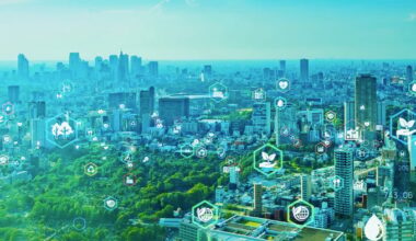 A cityscape in the background with logos overlaid to represent green energy.