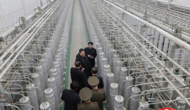 North Korean leader Kim Jong-un, second from top, inspects a nuclear-material production base with officials, in this file photo published by the Korean Central News Agency on Jan. 29. [KOREAN CENTRAL NEWS AGENCY]