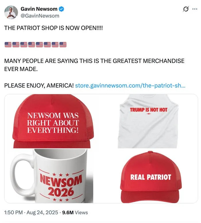 Tweet promoting "The Patriot Shop" with merchandise like hats and mugs featuring political slogans such as "Newsom 2026" and "Real Patriot."