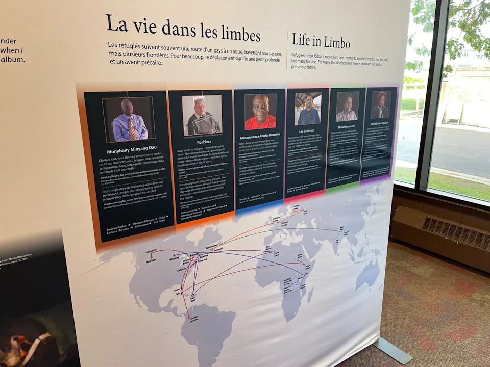 This poster in the Refuge Canada Tent exhibit illustrates the journey six people took to get to Canada.