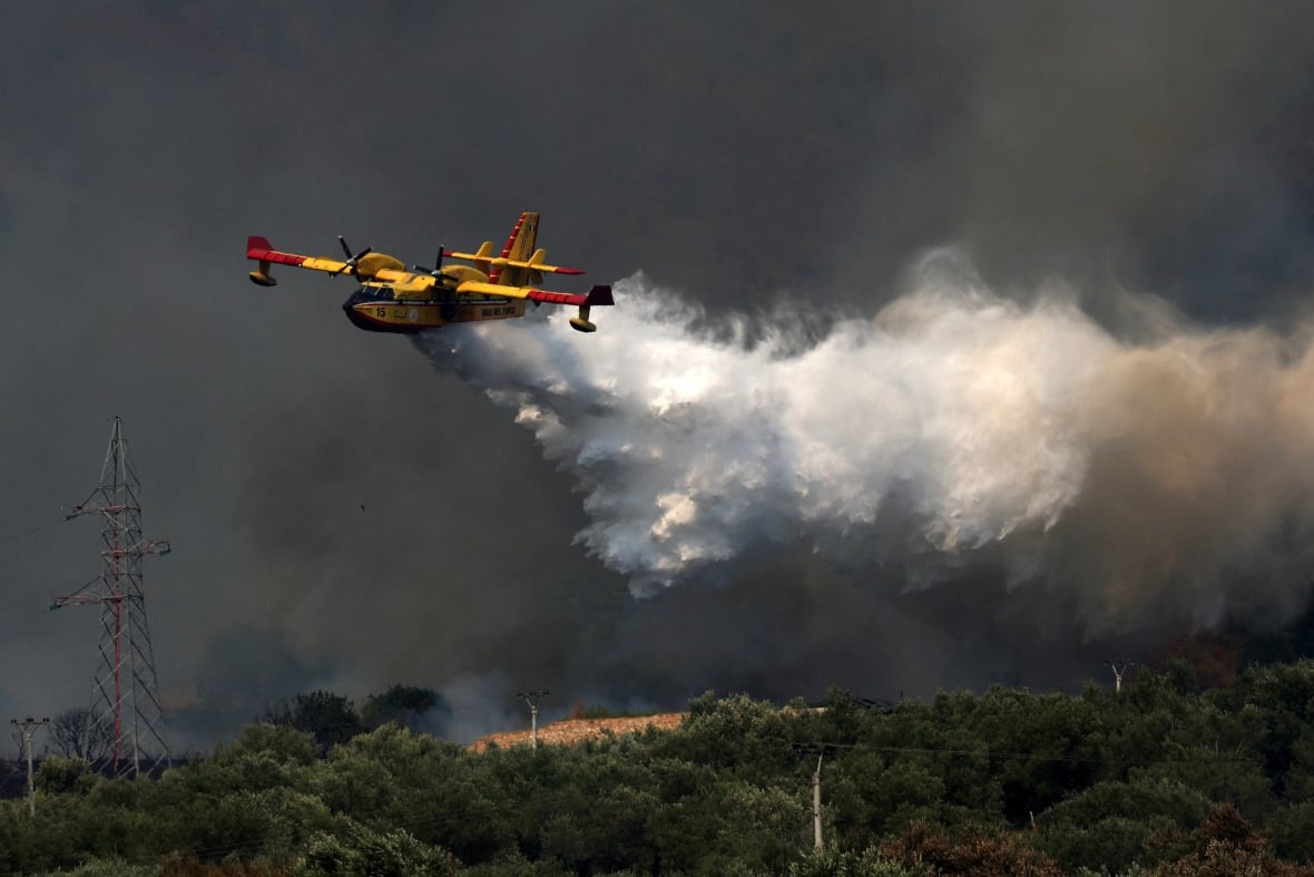 A firefighting aircraft is seen flying in Delvina, Albania, amid an ongoing wildfire in August 2025.
