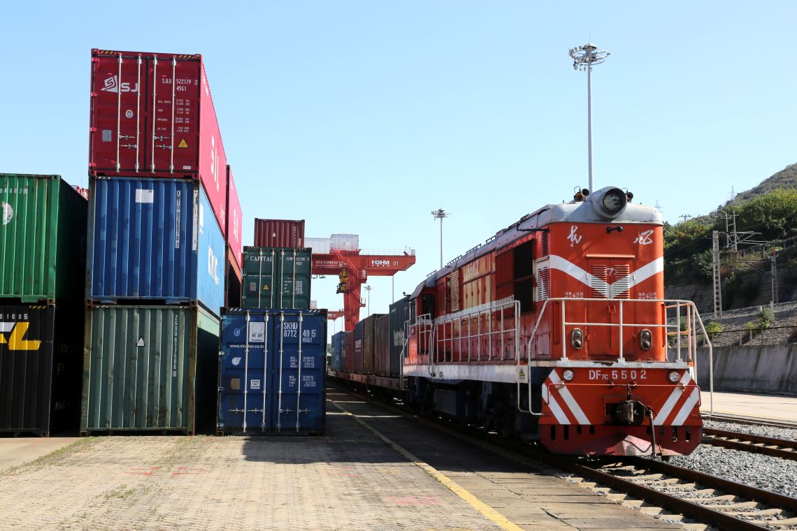 A China-Europe freight train departs from the logistics base in Lianyungang, Jiangsu province. Export growth remains strong, fueled by trade with Russia, ASEAN and Europe – highlighting the increasing importance of trade for Beijing’s future.