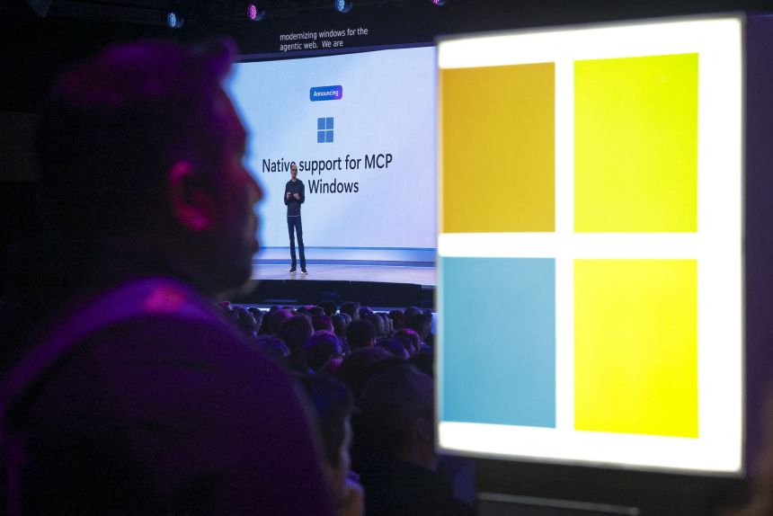 Microsoft Chairman and CEO Satya Nadella is pictured onstage during the Microsoft Build conference opening keynote in Seattle on May 19.