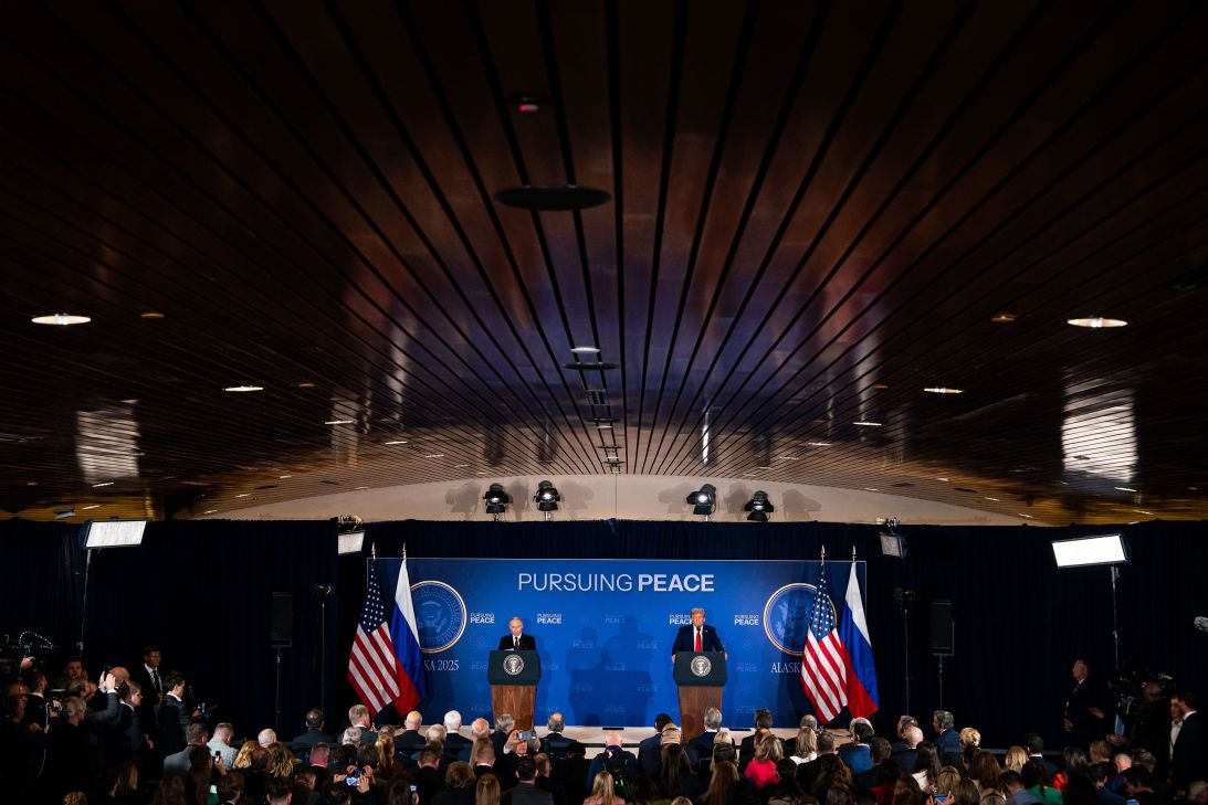 Russian President Vladimir Putin and US President Donald Trump hold a press conference after their meeting at Joint Base Elmendorf-Richardson in Anchorage, Alaska, on Friday.