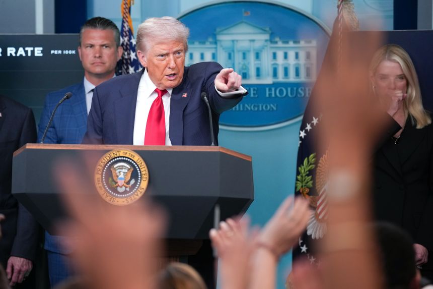 President Donald Trump answers questions during a press conference in the James S. Brady Press Briefing Room of the White House on August 11, 2025.