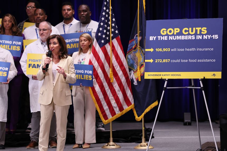 New York Gov. Kathy Hochul speaks during a press conference on federal cuts to healthcare after the passage of the One, Big, Beautiful Bill at Lincoln Hospital in New York, on August 18.