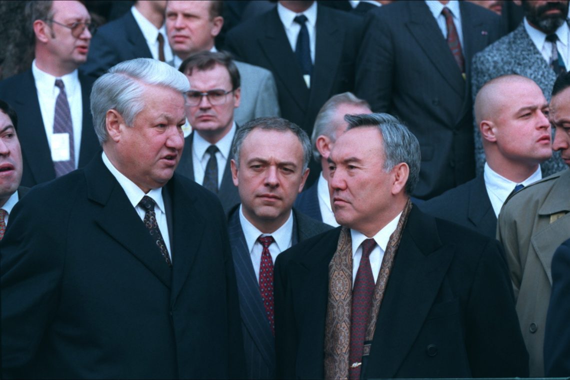 Dec. 5, 1995: Former Russian President Boris Yeltsin (left) and former Kazakh President Nursultan Nazarbayev in Budapest, Hungary.
