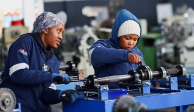 Workers at the Steel and Engineering Industries Federation of Southern Africa (SEIFSA) work with steel products at the company’s facility in Benoni, east of Johannesburg