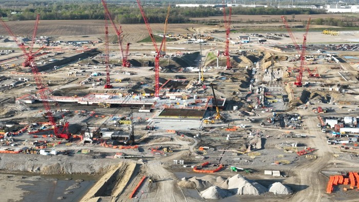 Aerial view of the Intel semiconductor plant construction site in New Albany.