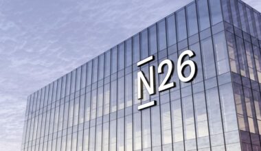 N26 online bank logo displayed on the upper facade of a modern glass office building.