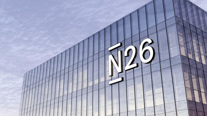 N26 online bank logo displayed on the upper facade of a modern glass office building.