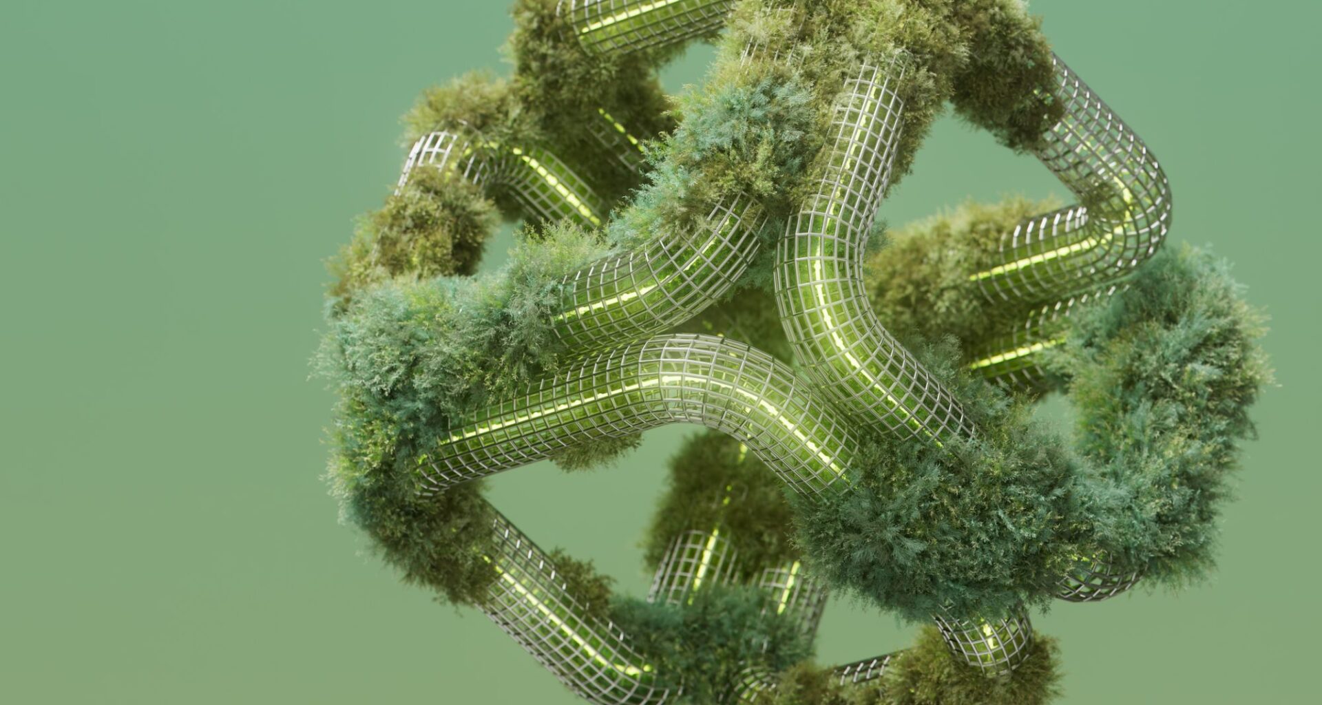This image features a complex, geometric structure resembling interconnected tubular or pipe-like forms, with lush green moss-like vegetation growing along its surface. The structure could represent an AI-driven entity that integrates with nature, using its digital intelligence (metal grid) to enhance natural ecosystems (moss). This hybrid model suggests a future where AI enhances organic growth and environmental management.