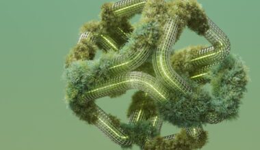 This image features a complex, geometric structure resembling interconnected tubular or pipe-like forms, with lush green moss-like vegetation growing along its surface. The structure could represent an AI-driven entity that integrates with nature, using its digital intelligence (metal grid) to enhance natural ecosystems (moss). This hybrid model suggests a future where AI enhances organic growth and environmental management.