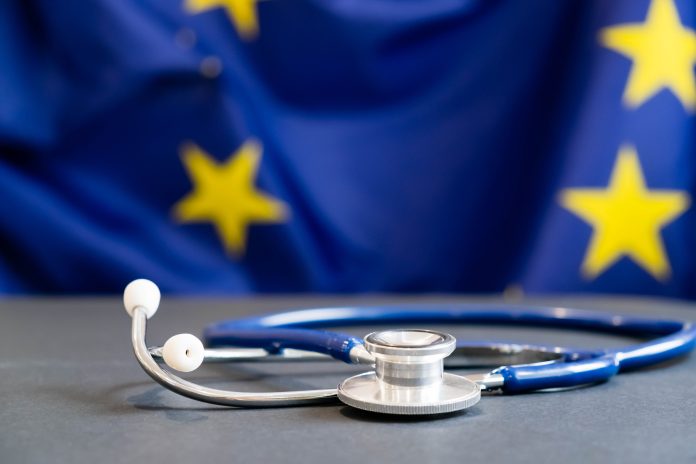 stethoscope with European Union flag. Concept of the health of Europe. Stethoscope over European Flag