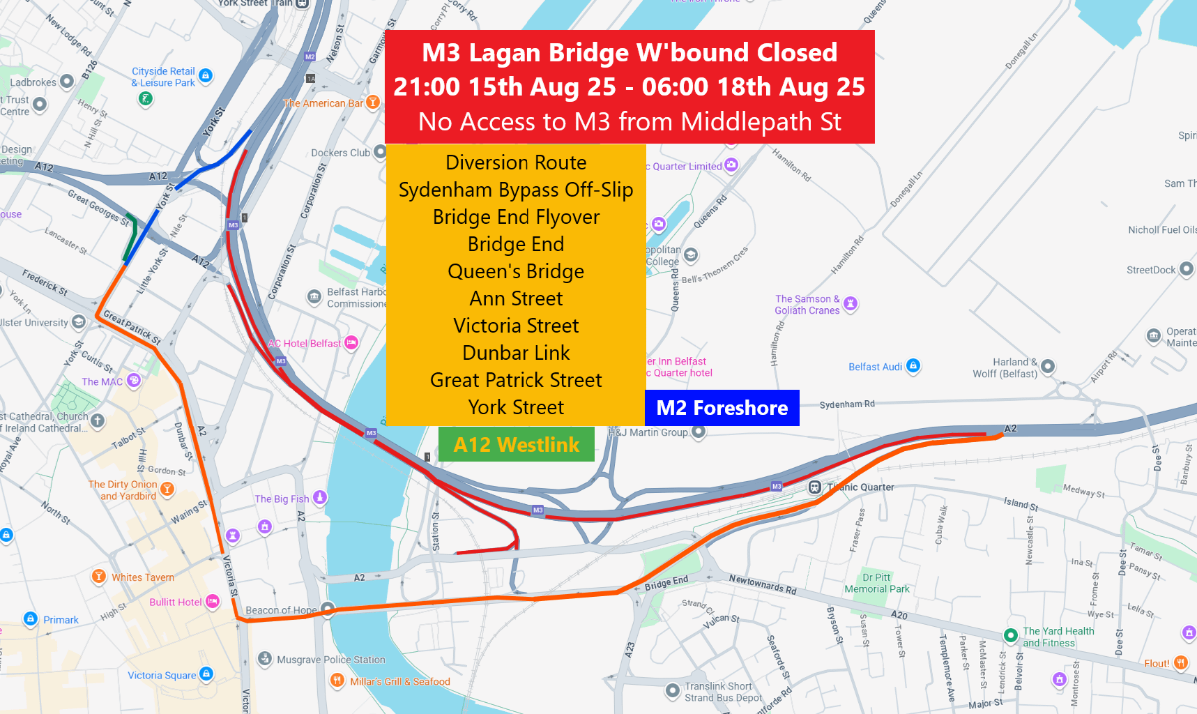 M3 Lagan Bridge Westbound Closure this weekend (towards M2/Westlink)