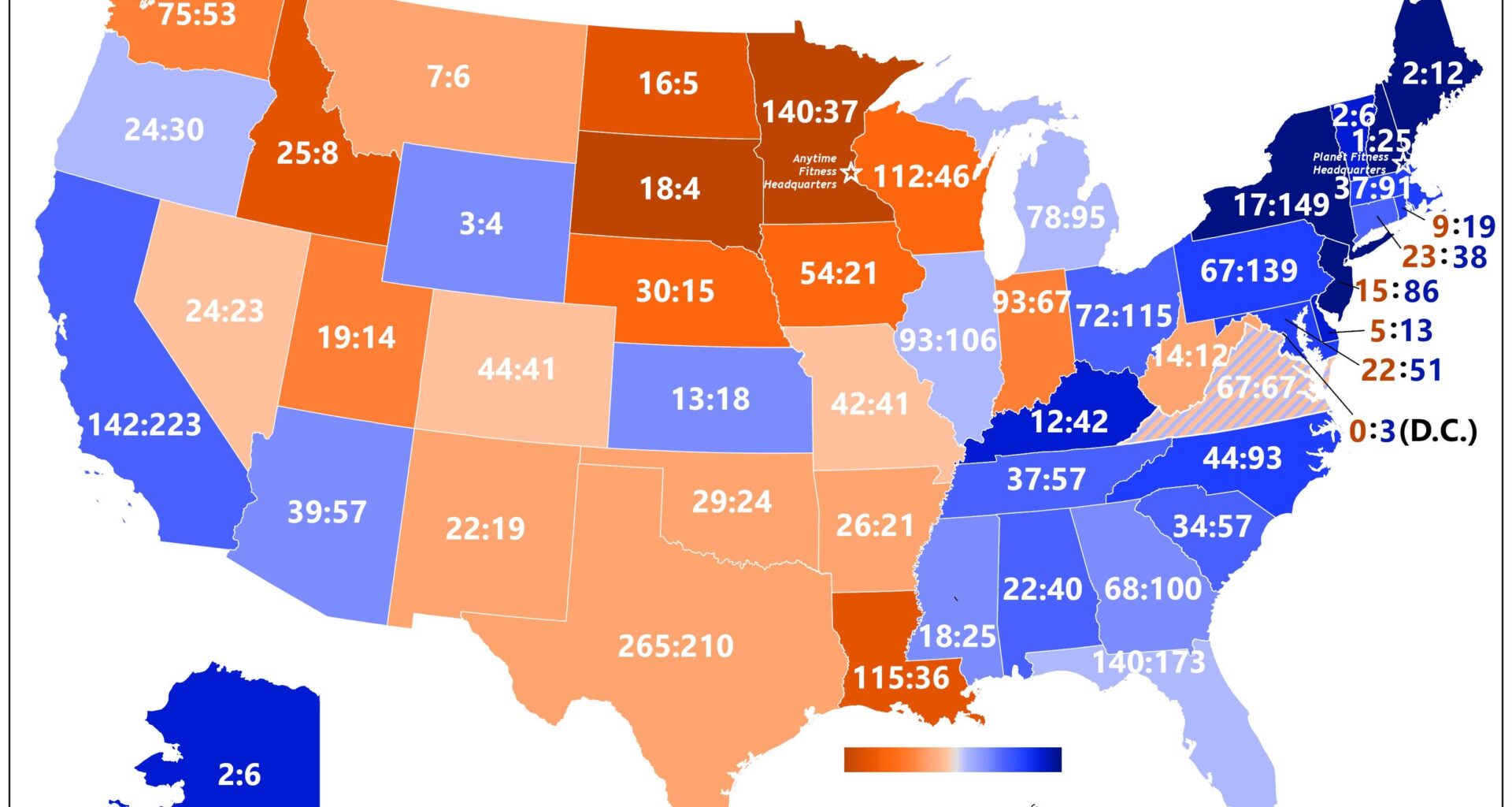 [OC] Comparing the Number of Anytime Fitness and Planet Fitness Locations