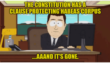 The Trump government quietly removes sections of the Constitution including Habeas Corpus, the Titles and Emoluments clause, States' rights, and for some reason the requirement to maintain a Navy.