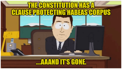 The Trump government quietly removes sections of the Constitution including Habeas Corpus, the Titles and Emoluments clause, States' rights, and for some reason the requirement to maintain a Navy.