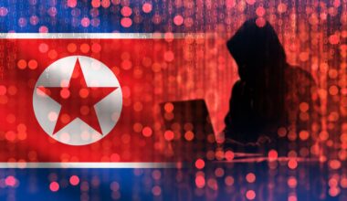 North Korean flag with a hooded hacker