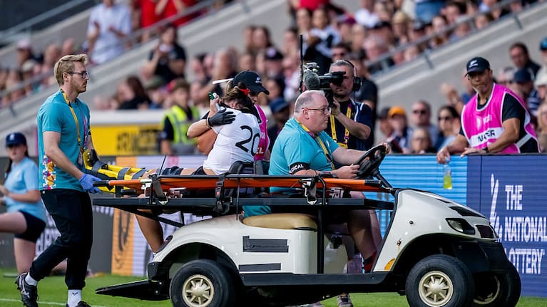 Kaipo Olsen-Baker of New Zealand being stretchered off on a medical buggy during the Women's Rugby World Cup 2025 Pool C match between New Zealand and Spain 