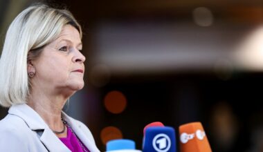 Austrian Defense Minister Klaudia Tanner talks to the press before a Foreign Affairs Council (FAC) meeting at the European Union (EU) headquarters in Brussels on March 21, 2022.